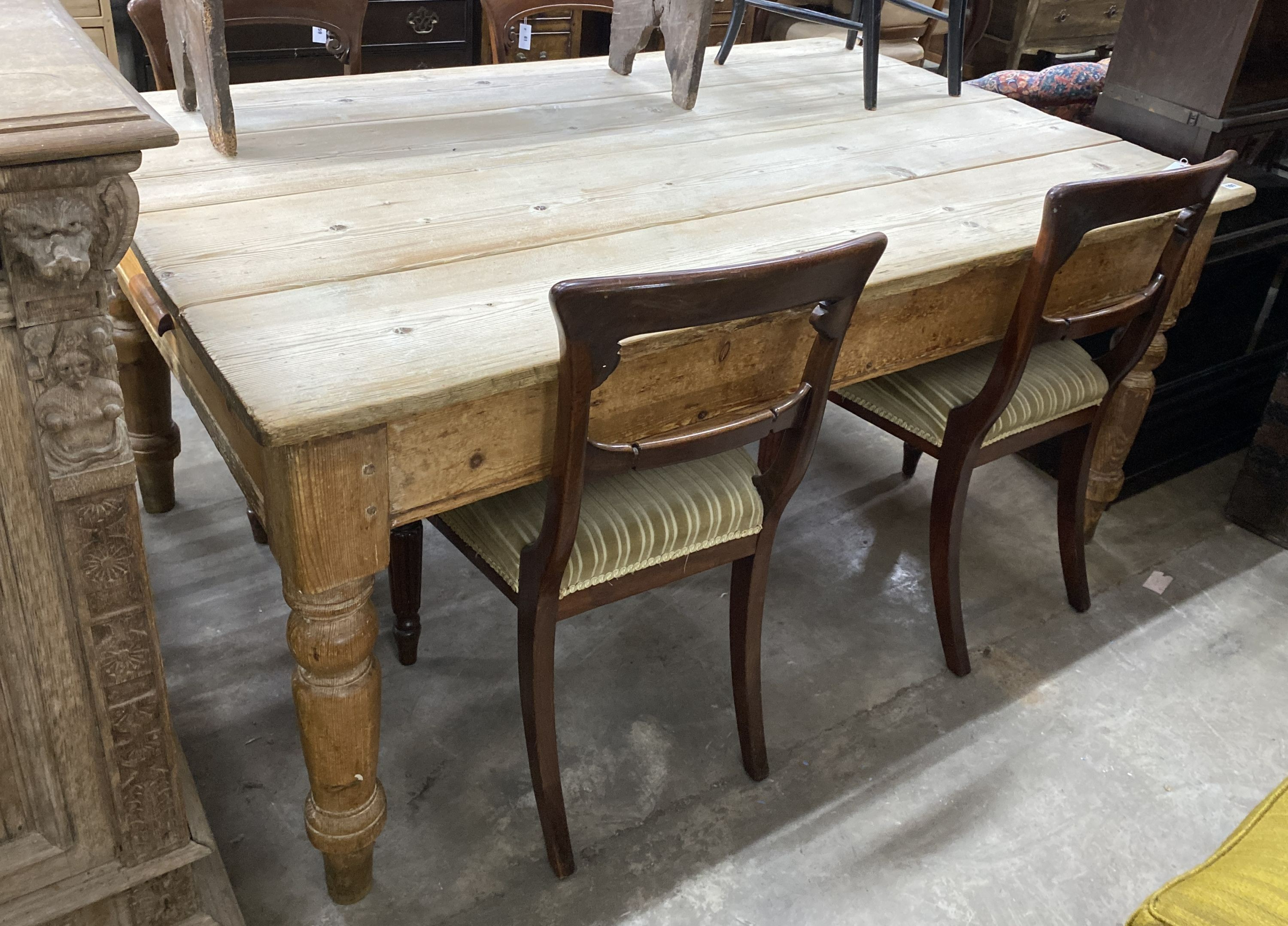A Victorian retangular pine kitchen dining table, fitted with a later drawer, width 168cm, depth 108cm, height 74cm